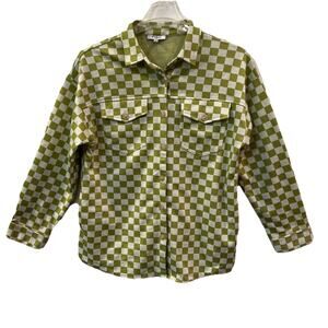 Polagram Women’s Large Button Front Green Checkered Shacket Jacket‎ Soft Stretch